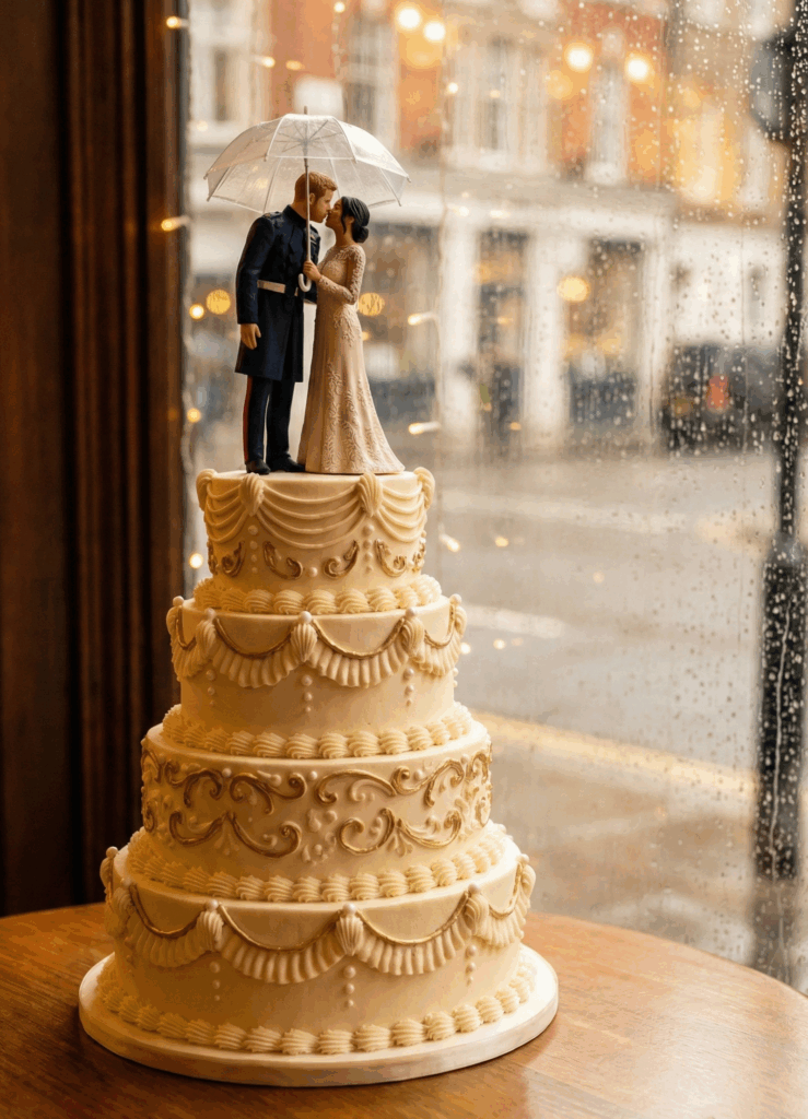 Vintage-style ornate cake with full-colour sandstone 3D bride and groom wedding topper.