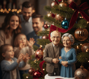 : Detailed 3D sandstone figurine of an elderly couple smiling on a Christmas tree. A blurred family watches in the background. The figurine stands on a white base.
