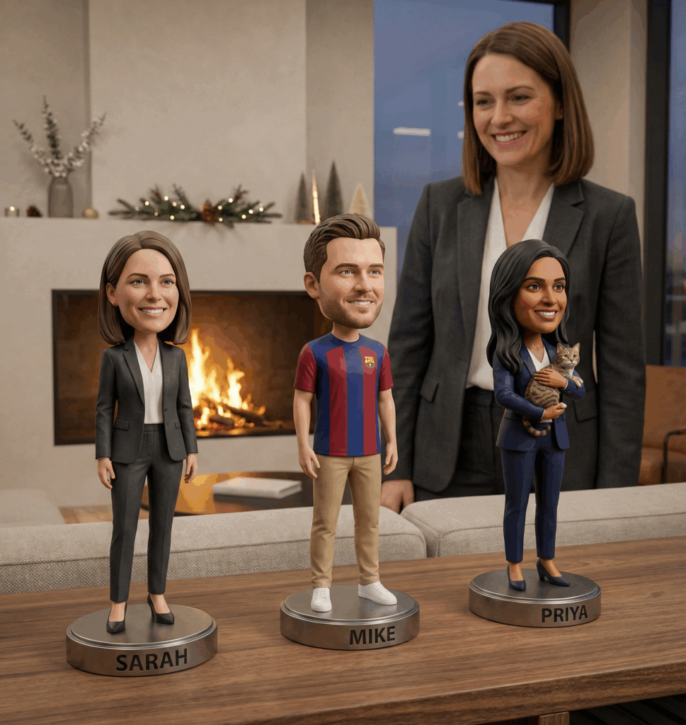 Three full-body custom bobbleheads dressed in Western business attire standing on individual metal bases engraved "SARAH," "MIKE," and "PRIYA" on a walnut shelf in a contemporary office lounge, with a woman smiling in the background.