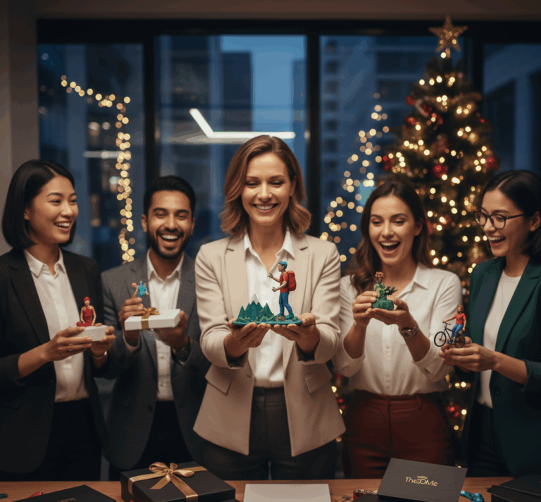 Professional shot of two employees smiling while receiving a personalized 3D figurine of a cat in a plaid blanket, showcasing a thoughtful corporate gift idea for the upcoming Black Friday 2025 holiday season.