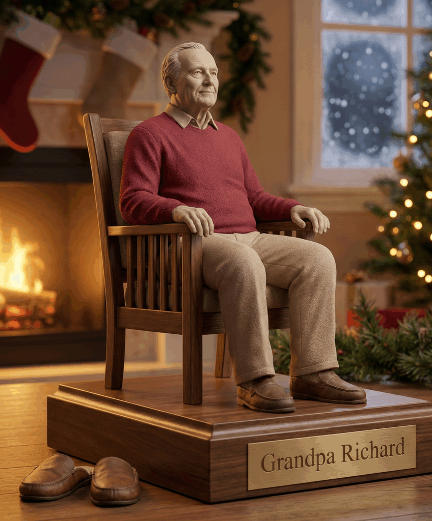 Custom 3D Memorials sandstone figurine of grandfather on walnut base beside Christmas fireplace with engraved nameplate.