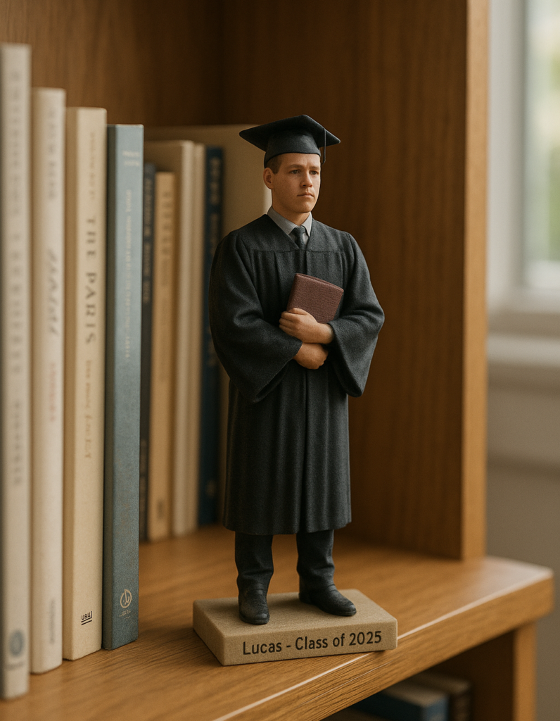 Graduation-themed personalized 3D figurine displayed on bookshelf