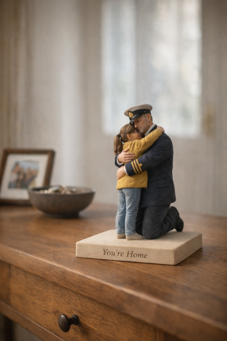 3D figurine of father and daughter hugging on entryway table in daylight as Custom Made gifts