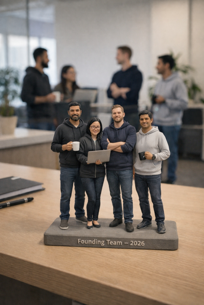 Custom printed figurines representing a corporate team, sculpted in full color with professional attire and lifelike detail