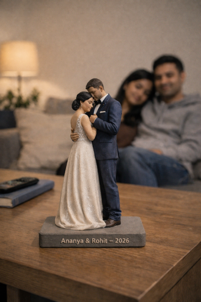 A custom couple figurine with engraved name base displayed on a TV shelf, with the real couple relaxing together in the background.