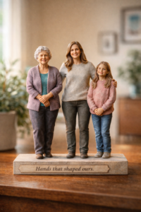 Sandstone family figurine on icy lake at sunset symbolizing lasting togetherness.