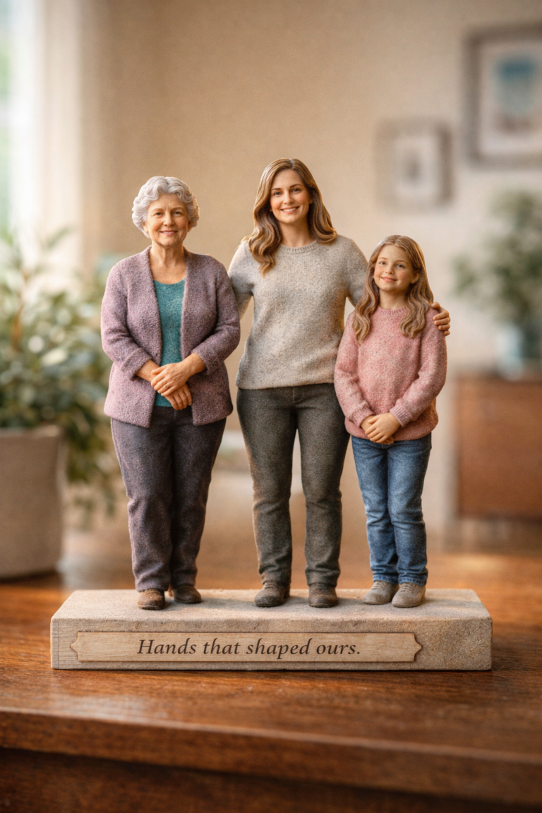 Sandstone family figurine on icy lake at sunset symbolizing lasting togetherness.