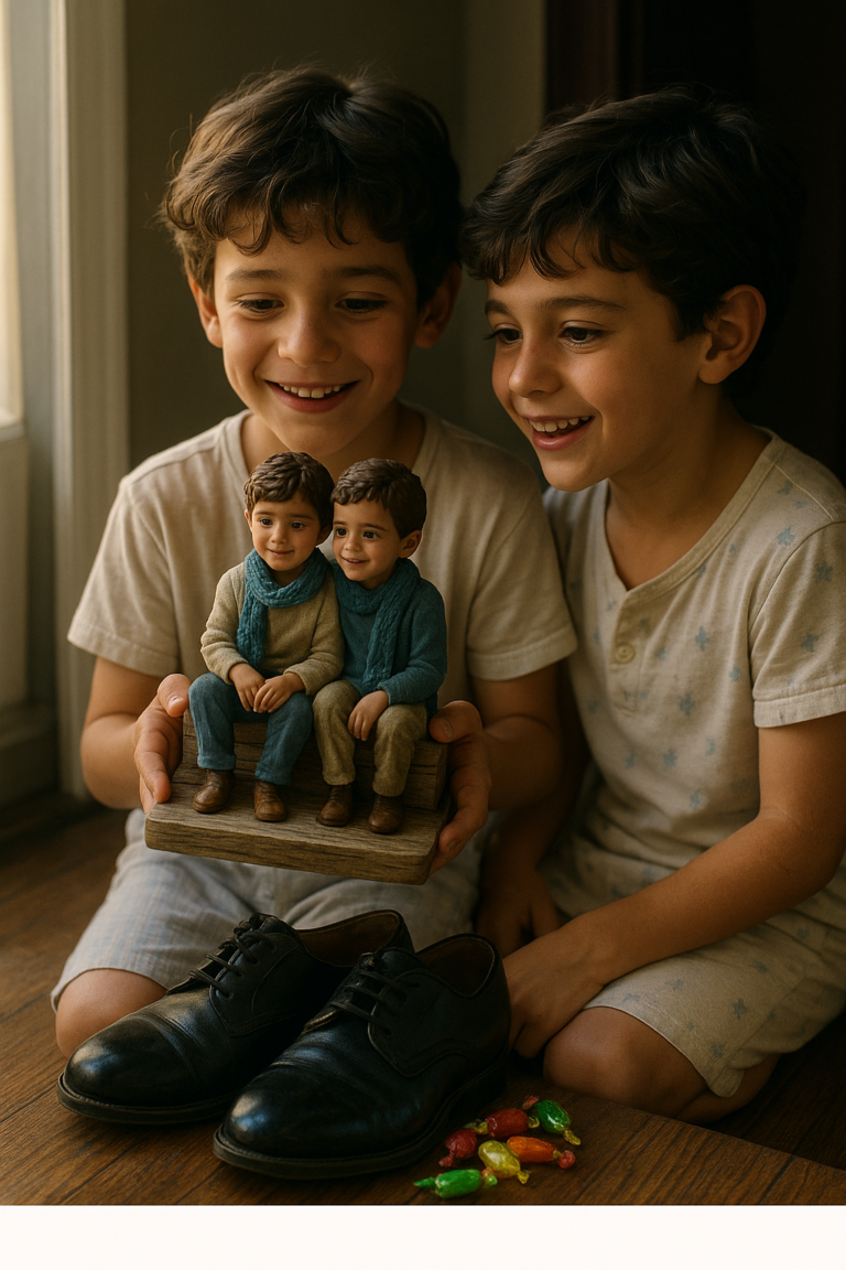 Argentine twins discovering a personalized 3D figurine beside their shoes on Three Kings Day.