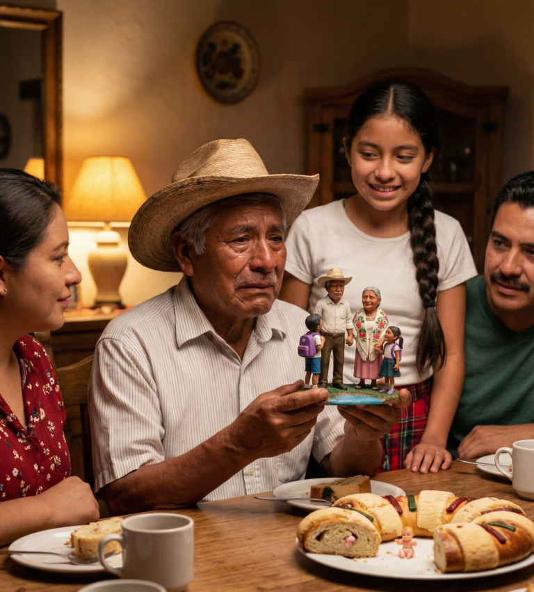 Mexican grandfather holding a custom 3D family figurine during a Three Kings Day Rosca de Reyes celebration.