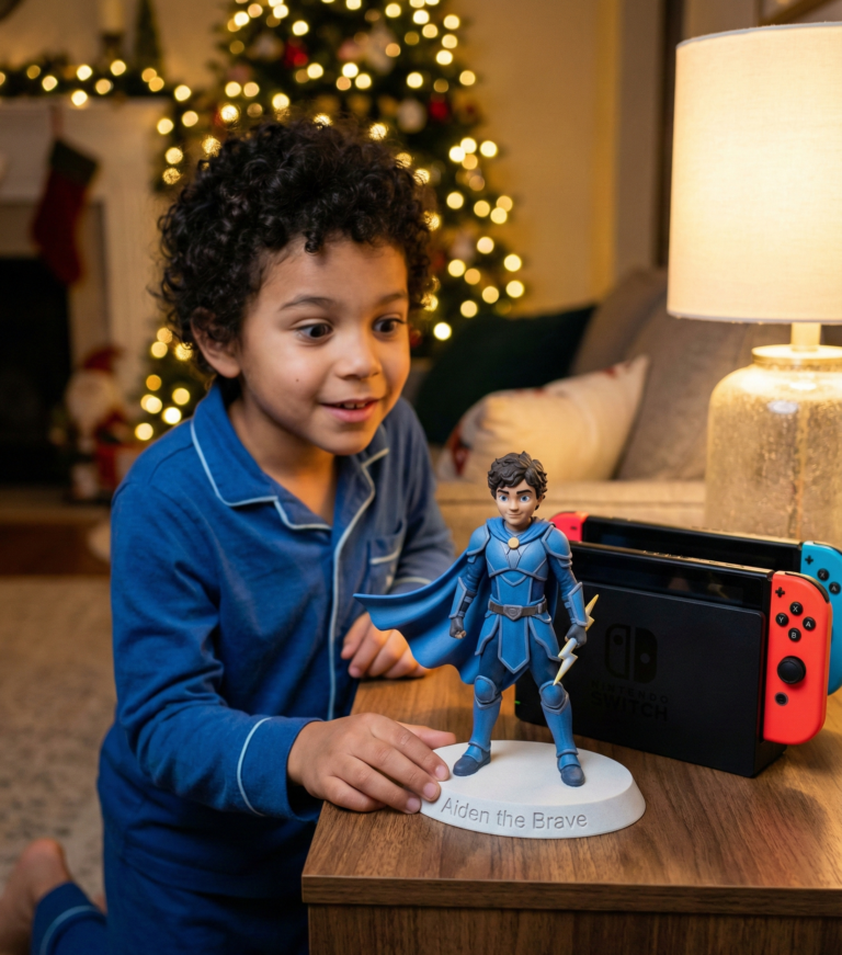 Custom 3D figurine of a child’s game character placed beside a Nintendo Switch 2, with the child looking at it in awe.