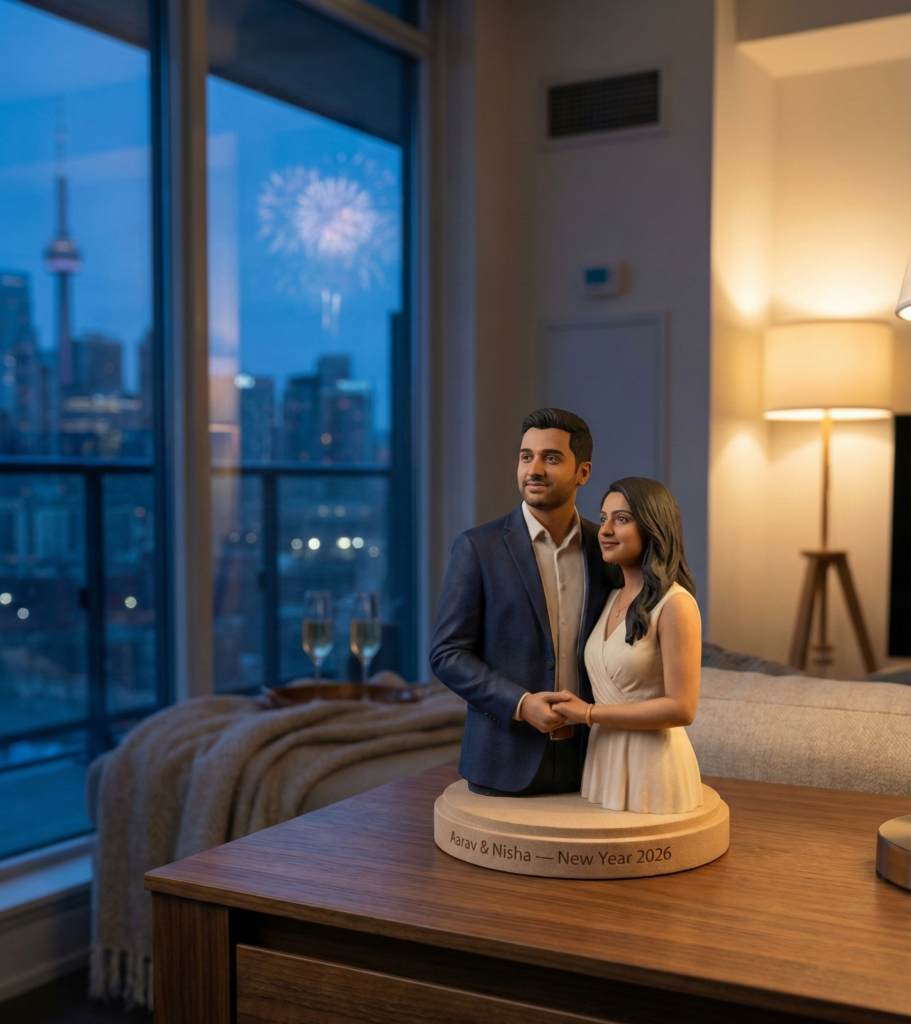 Full-color sandstone 3D figurine of a couple celebrating New Year 2026 on a balcony