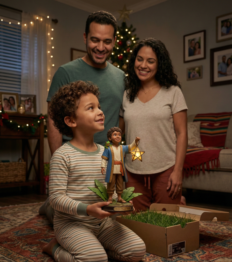 Puerto Rican boy holding a personalized Reyes Magos figurine beside a box of grass for the camels.