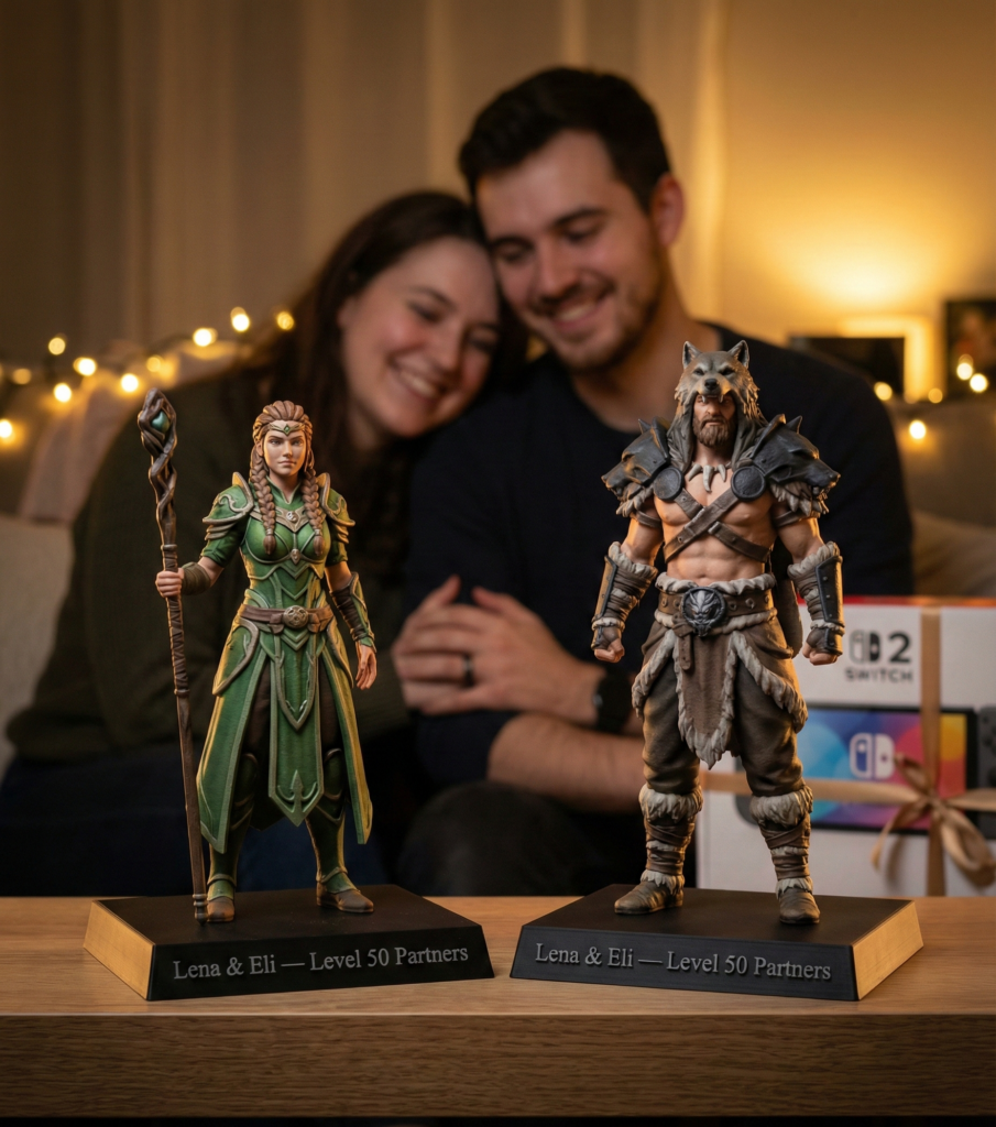 Two custom 3D figurines inspired by a gaming couple’s avatars, displayed on a living room shelf near a Nintendo Switch 2.