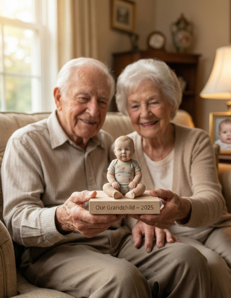 Grandparents holding a custom 3D-printed sandstone baby figurine on engraved base