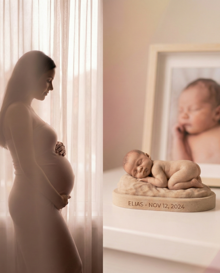 Full-color sandstone Custom Family Figurine of a newborn displayed on engraved base beside maternity photo