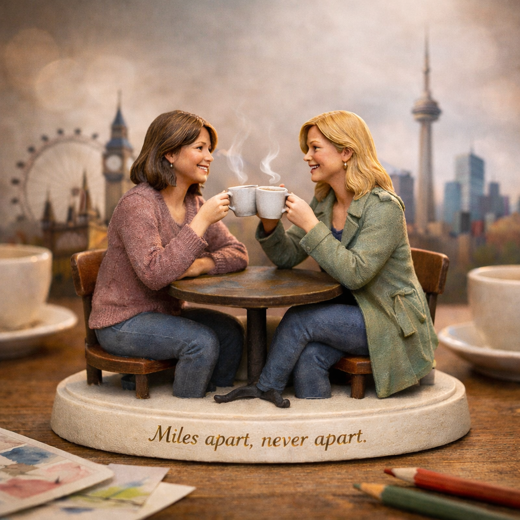 Full-color sandstone 3D figurine of two friends with city silhouettes celebrating Galentine’s gifts.