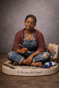 Smooth full-color resin 3D figurine of a woman artist celebrating self-love on Galentine’s Day.