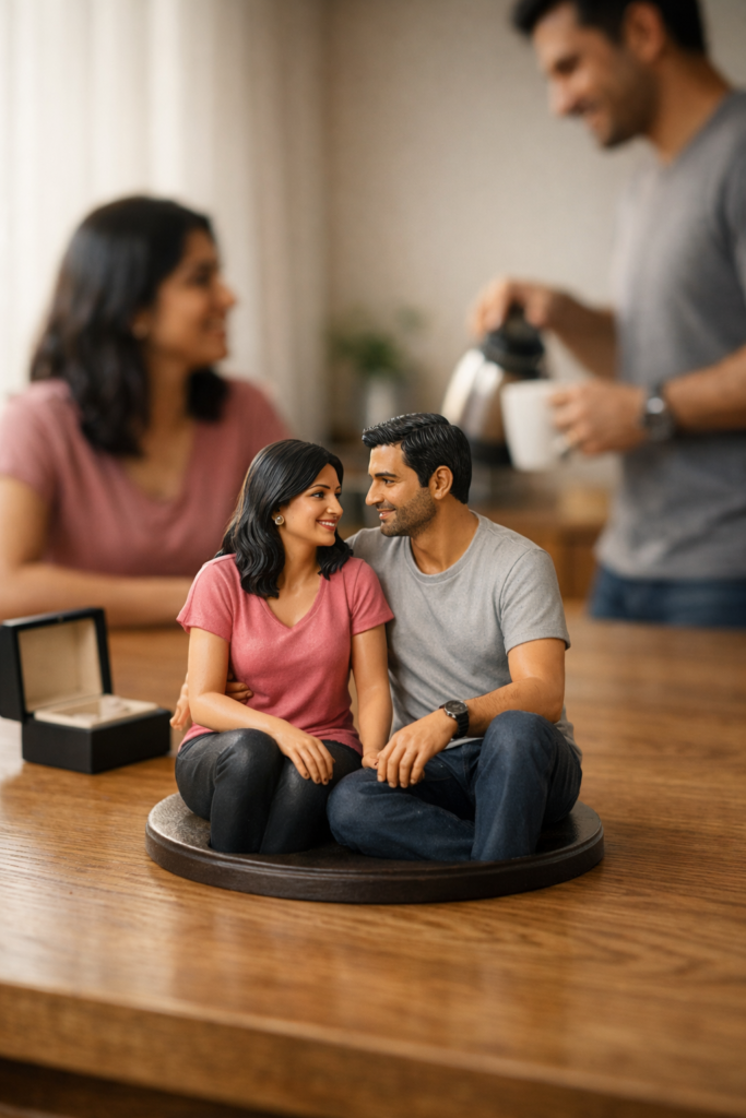 Custom couple figurines for Valentine’s used during a Valentine’s Week home photoshoot