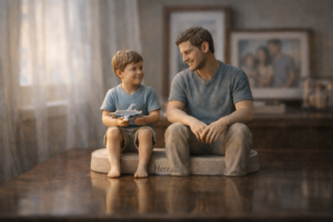 Two lifelike 3D figurines of a child and adult self on a dresser, representing how the best personalized gifts honor life’s continuity.