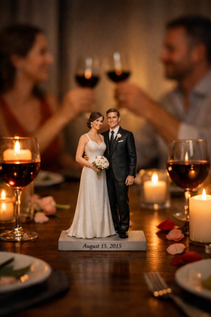 Lifelike custom couple figurine displayed near a window as a Valentine’s gift to display forever