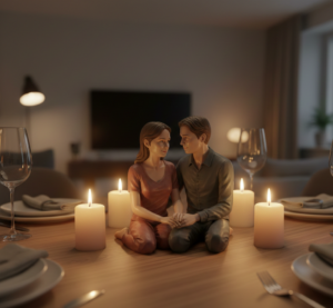 Custom couple figurines for Valentine’s placed on a dining table during a Rose Day morning reveal