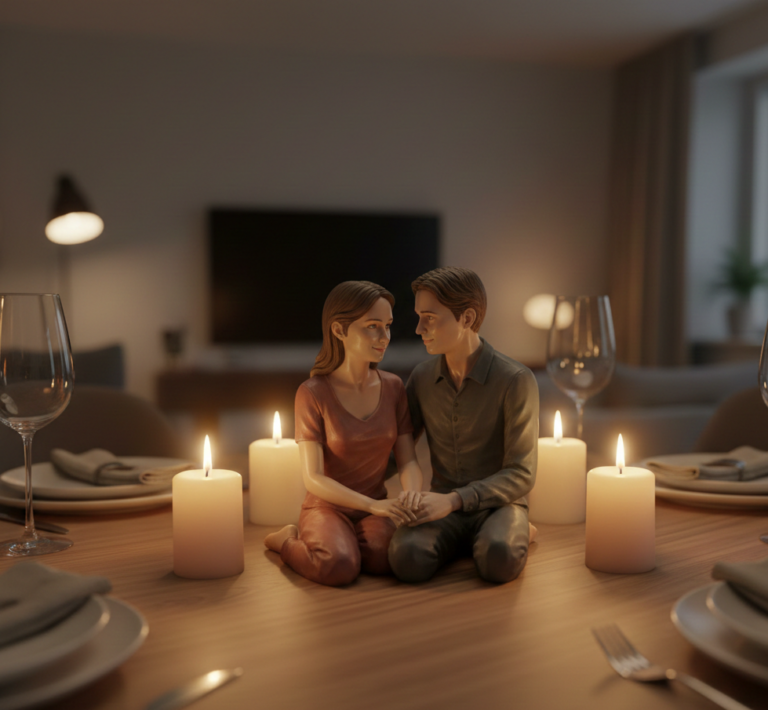 Custom couple figurines for Valentine’s placed on a dining table during a Rose Day morning reveal