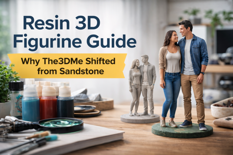 Resin 3D figurine comparison showing detailed full-color resin and sandstone figurines on a studio table