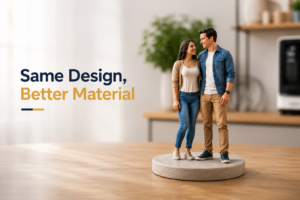Resin 3D figurine comparison showing detailed full-color resin and sandstone figurines on a studio table