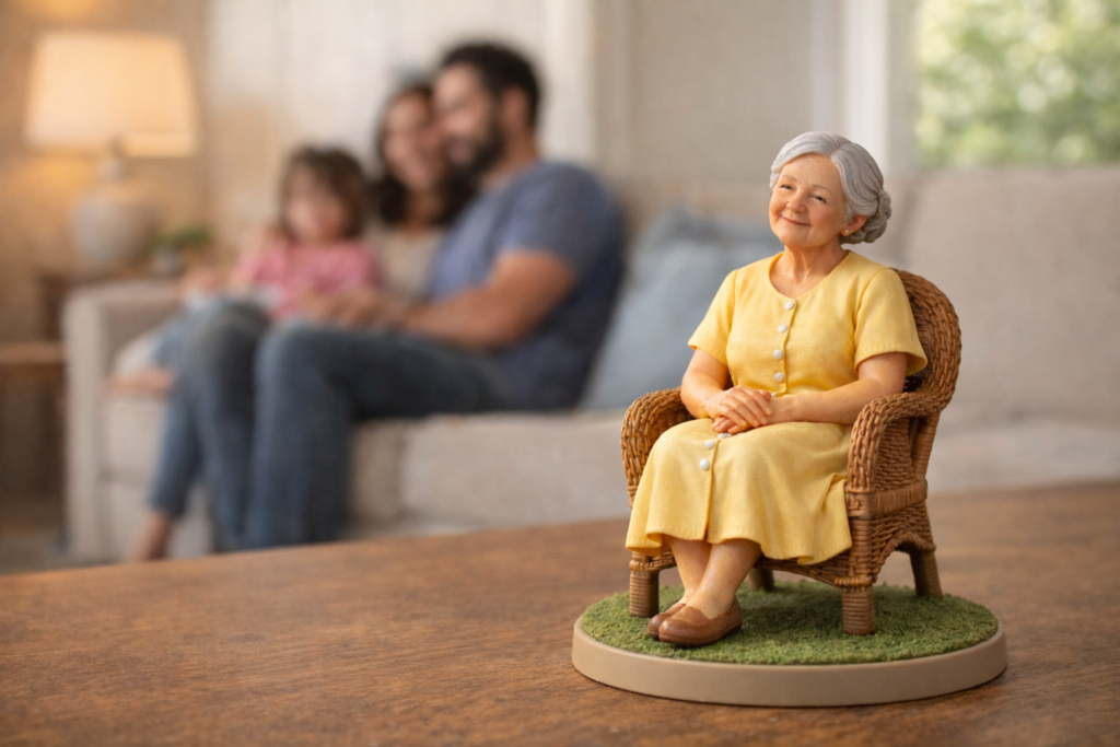  5-inch full-color resin custom 3D figurine of a grandmother seated in a wicker chair, personalized gift made from a photograph