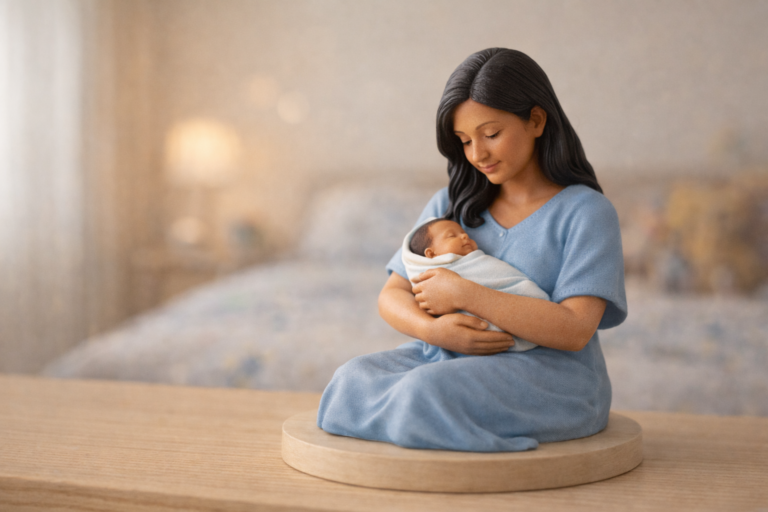 5-inch full-color resin custom 3D figurine of a mother cradling her newborn, personalized Mother's Day gift from a photograph