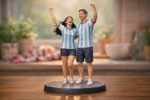5-inch full-color resin miniature custom figurine of a couple celebrating a World Cup winning goal - personalized keepsake memory gift