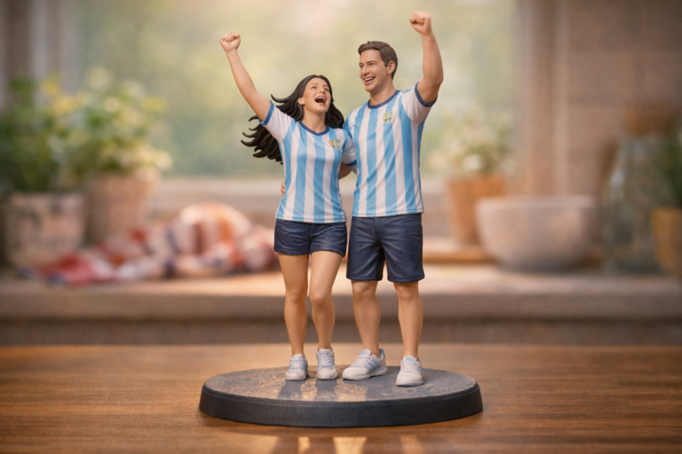 5-inch full-color resin miniature custom figurine of a couple celebrating a World Cup winning goal - personalized keepsake memory gift