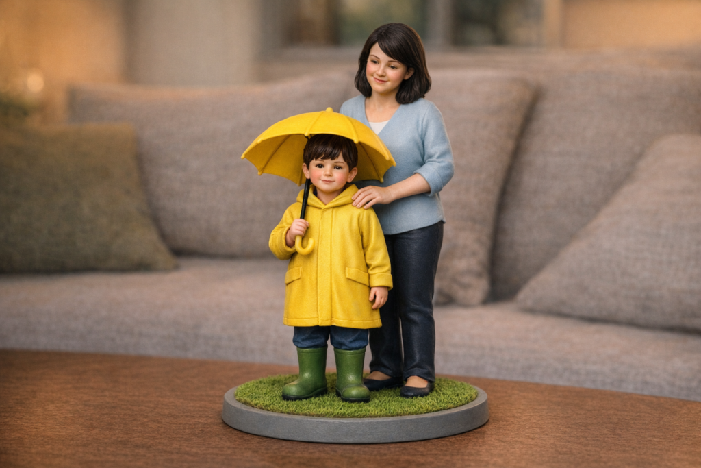 5 inch custom resin family figurine of mother standing behind son holding umbrella