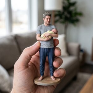 custom 3D figurine of father holding newborn baby, personalized keepsake figurine