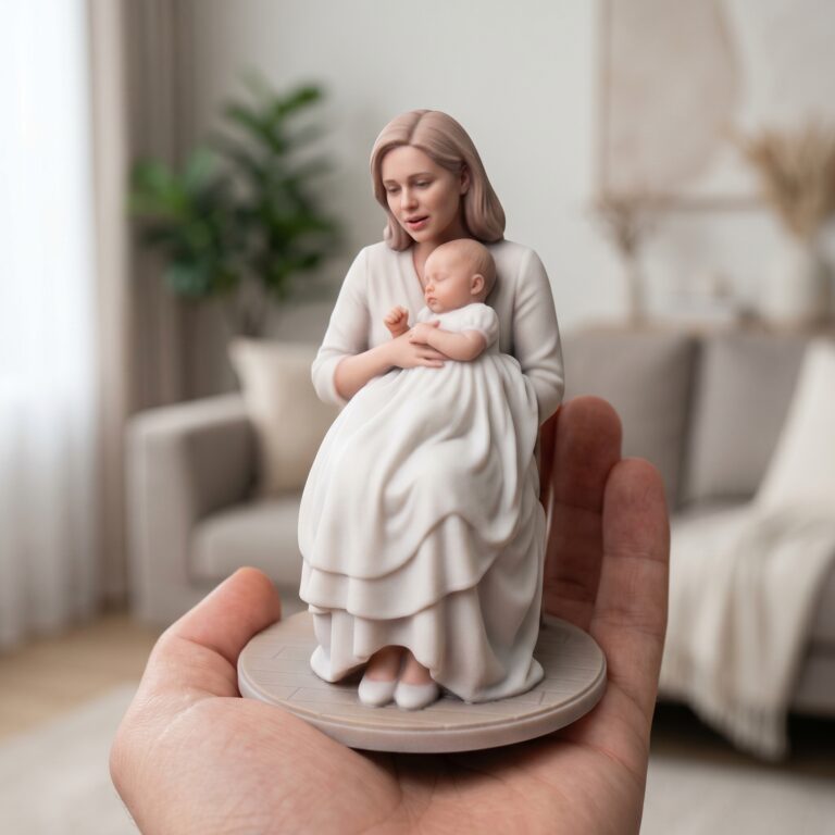 Custom 3D figurine of mother holding baby in baptism gown realistic resin statue
