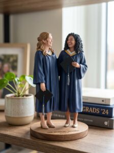 custom 3D figurine of two graduates laughing together personalized resin keepsake