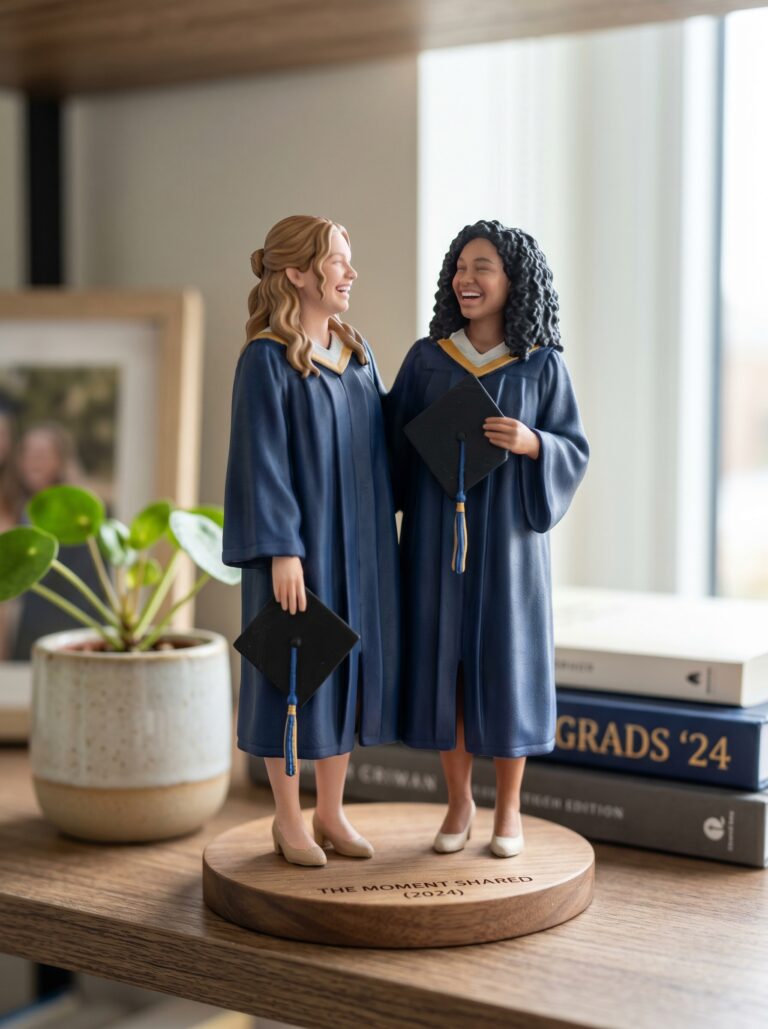 custom 3D figurine of two graduates laughing together personalized resin keepsake