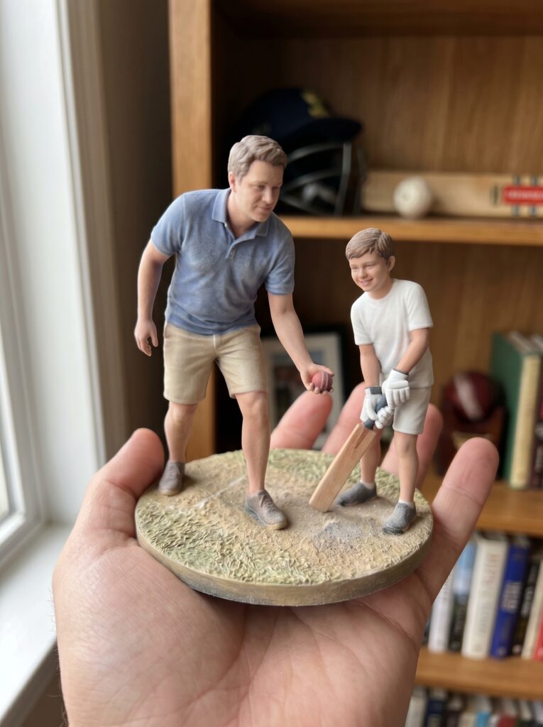 personalized 3D figurine father playing cricket with son memory figurine
