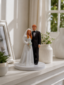Realistic custom wedding cake topper figurine designed from photos for modern wedding keepsakes, detail shots, and personalized couple displays.