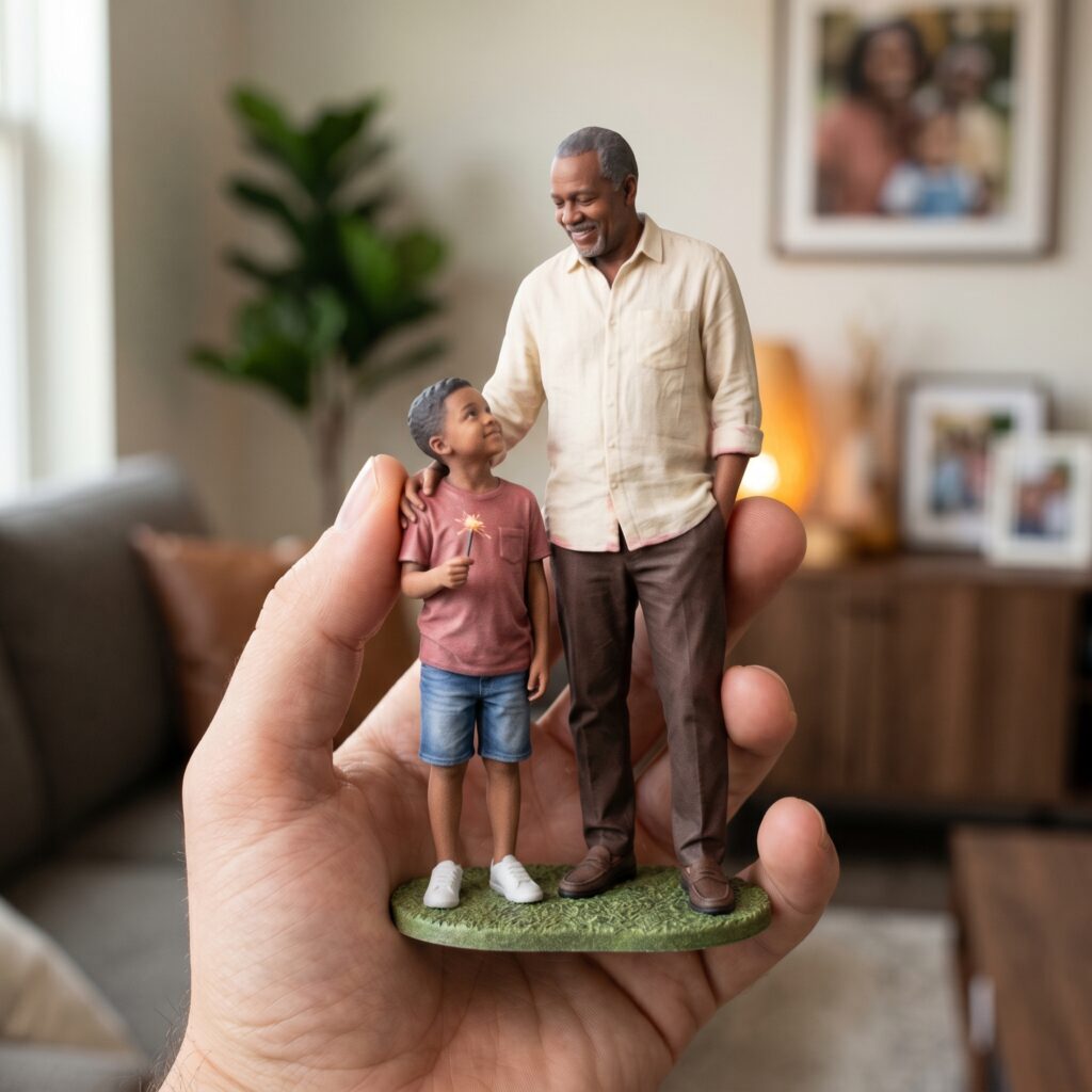 Custom full-color resin 3D figurine of grandfather and grandson standing together during a Juneteenth celebration.