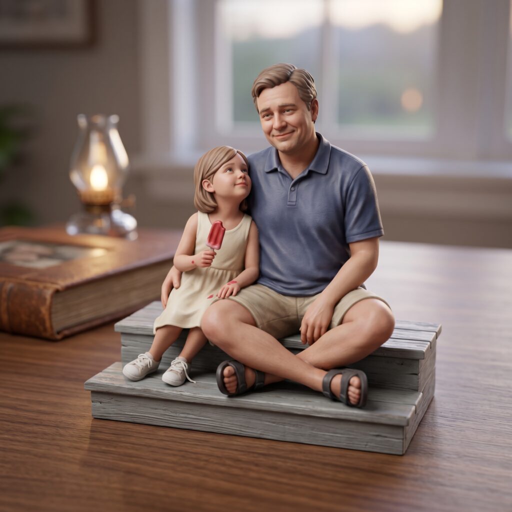 Custom father and daughter resin figurine sitting together as a personalized keepsake collectible.
