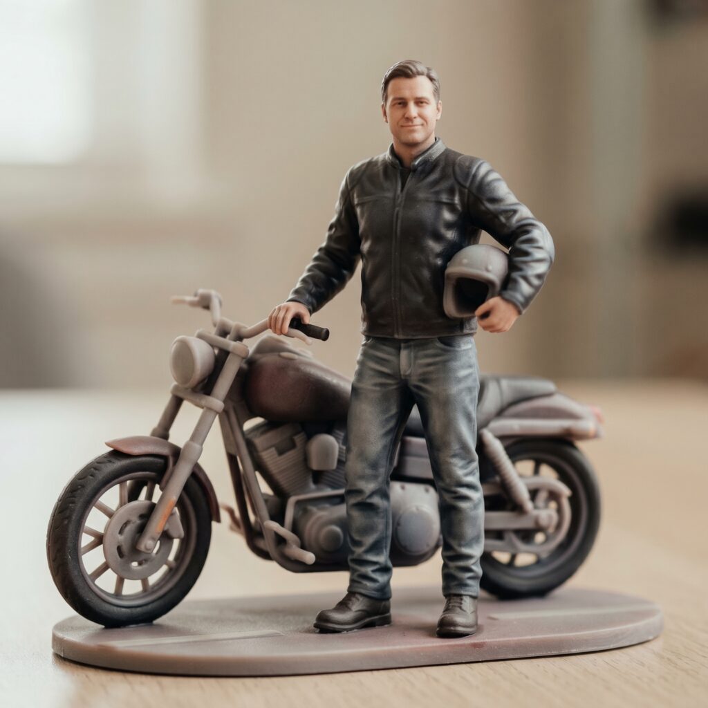 Custom 3D figurine of a man with motorcycle, personalized keepsake figurine in full-color resin