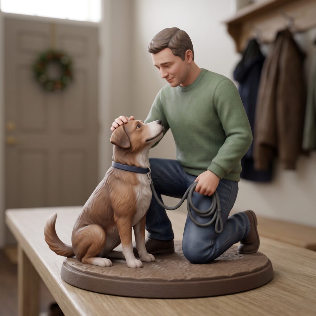 Custom 3D figurine of man with dog, personalized pet memory figurine in resin