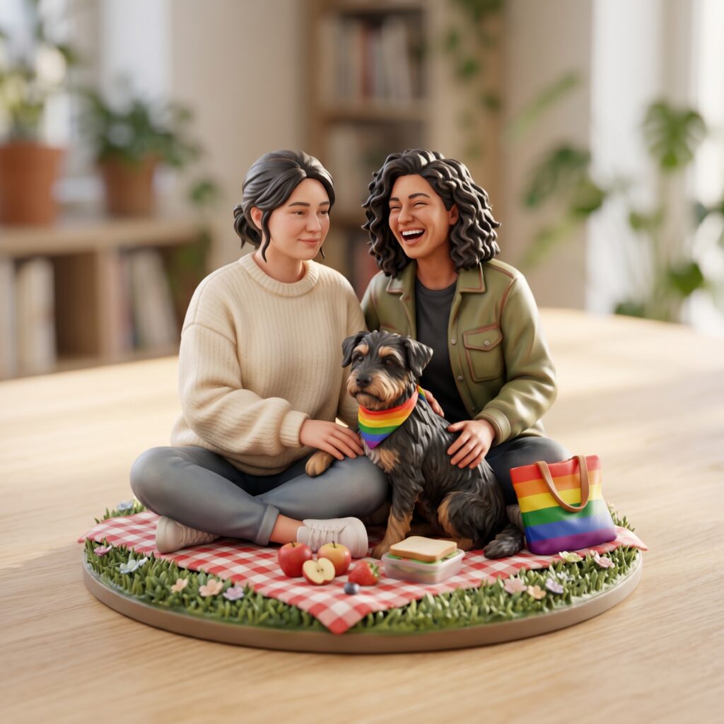 Personalized resin 3D figurine of a couple with their rescue dog during a Pride picnic.