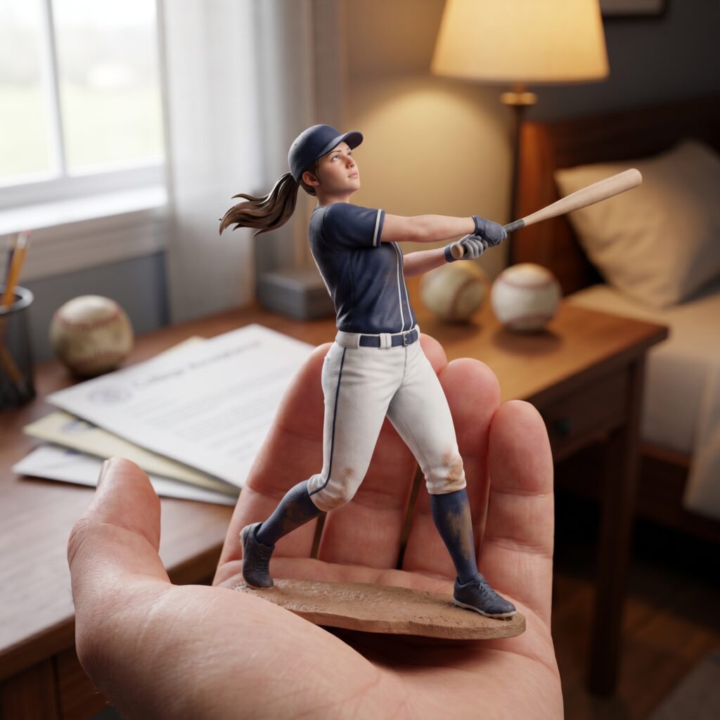 Premium custom 3D figurine recreated from a real softball championship moment. Personalized full-color resin keepsake figurine designed from real sports memories.