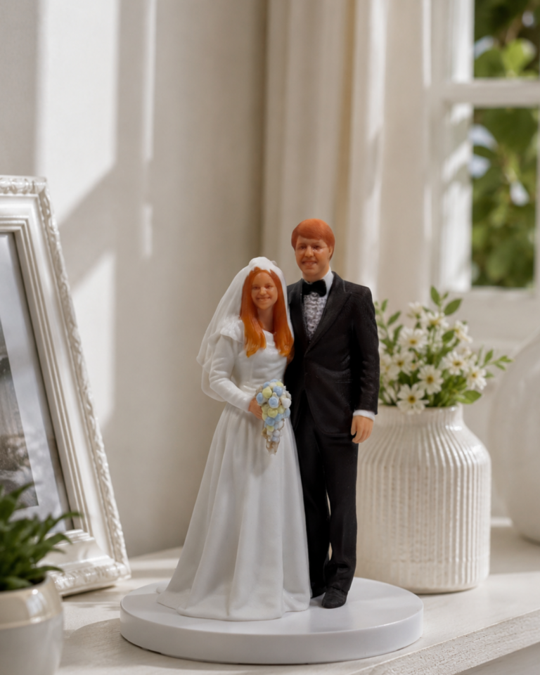 Custom wedding keepsake figurine of a bride and groom displayed as a meaningful gift to remember a special day.