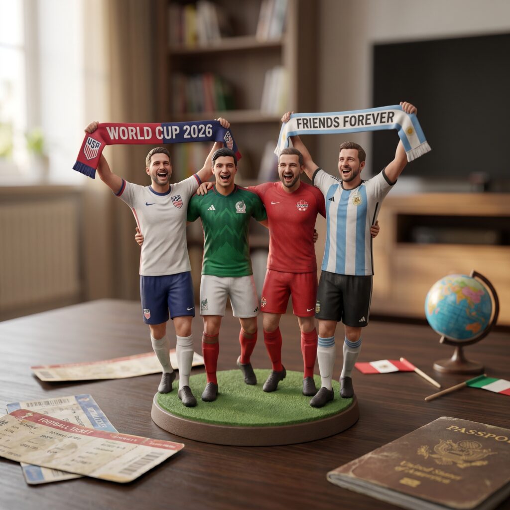 Custom 3D figurine of four football fans recreated from a FIFA World Cup group photograph.