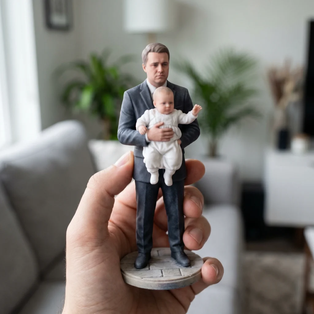 Custom father and baby figurine from photo designed as a personalized keepsake and memory preservation gift for families.