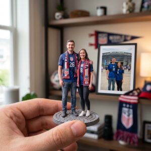 Custom 3D figurine of a couple wearing football jerseys recreated from a World Cup photograph.
