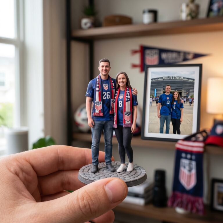 Custom 3D figurine of a couple wearing football jerseys recreated from a World Cup photograph.